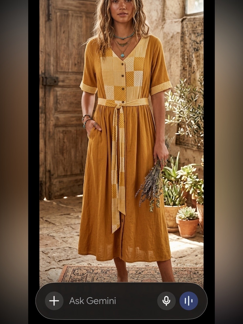 Roole Mustard Patchwork Midi Dress Small V-Neck Button Front Tie Waist Boho